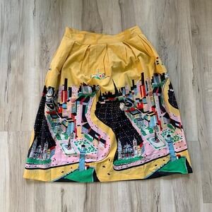 Vintage 1960s cityscape midi skirt with button and zip waistband